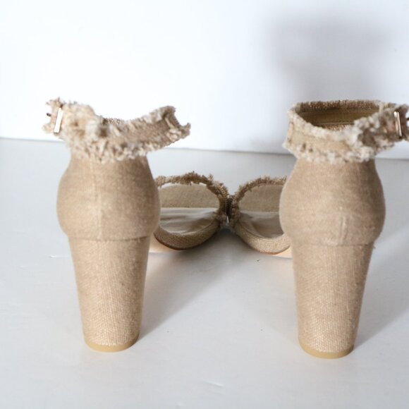 Stuart Weitzman Chaingang Frayed Linen Beaded Gold Heels Womens 7.5 Tan Strappy - Picture 6 of 9